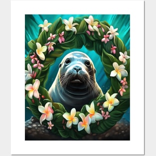 Cartoon Art Of Hawaiian Monk Seal With Plumeria Posters and Art